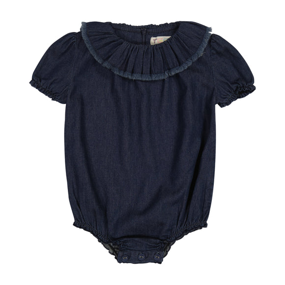 DENIM Baby Girl Fringe Collar Romper - DARK DENIM
