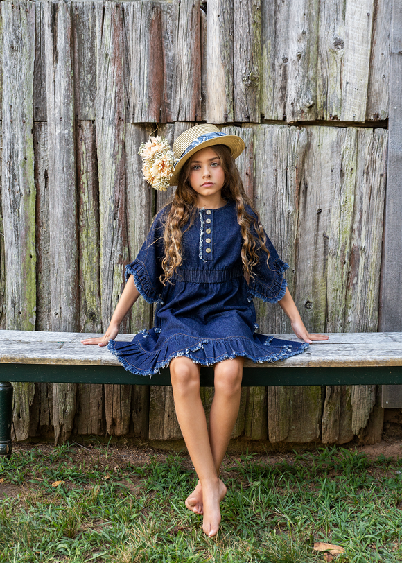DENIM Fringe Ruffle Dress - DARK DENIM