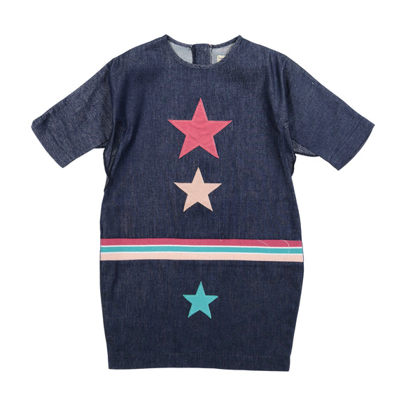 DENIM WEB Star Patch Dress - RIB - Dark Denim