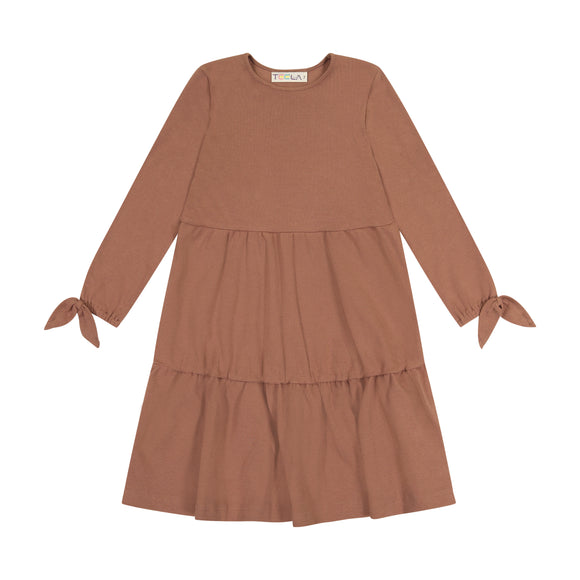 Rib Tiered Tie Dress - Camel - size up