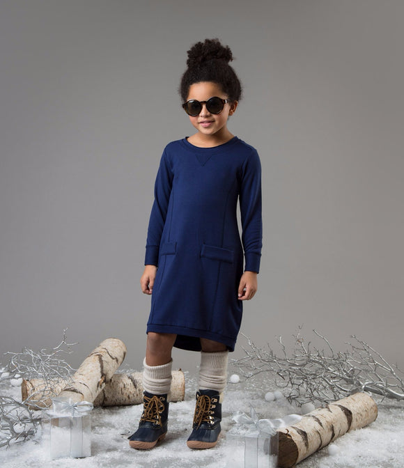 Teela Girls' Navy Balloon Solid Dress